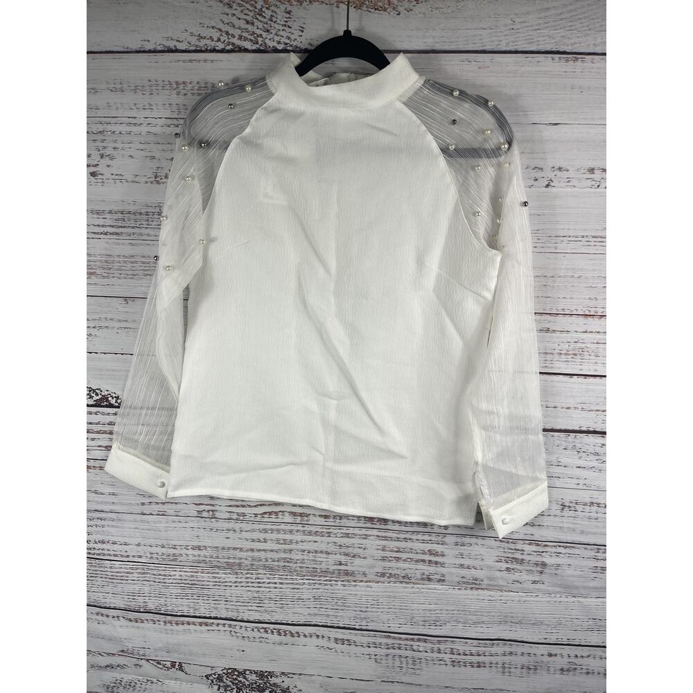 UHAO Top Women's Size L White Sheer Mesh Pearl Beaded Sleeve Blouse Elegant New